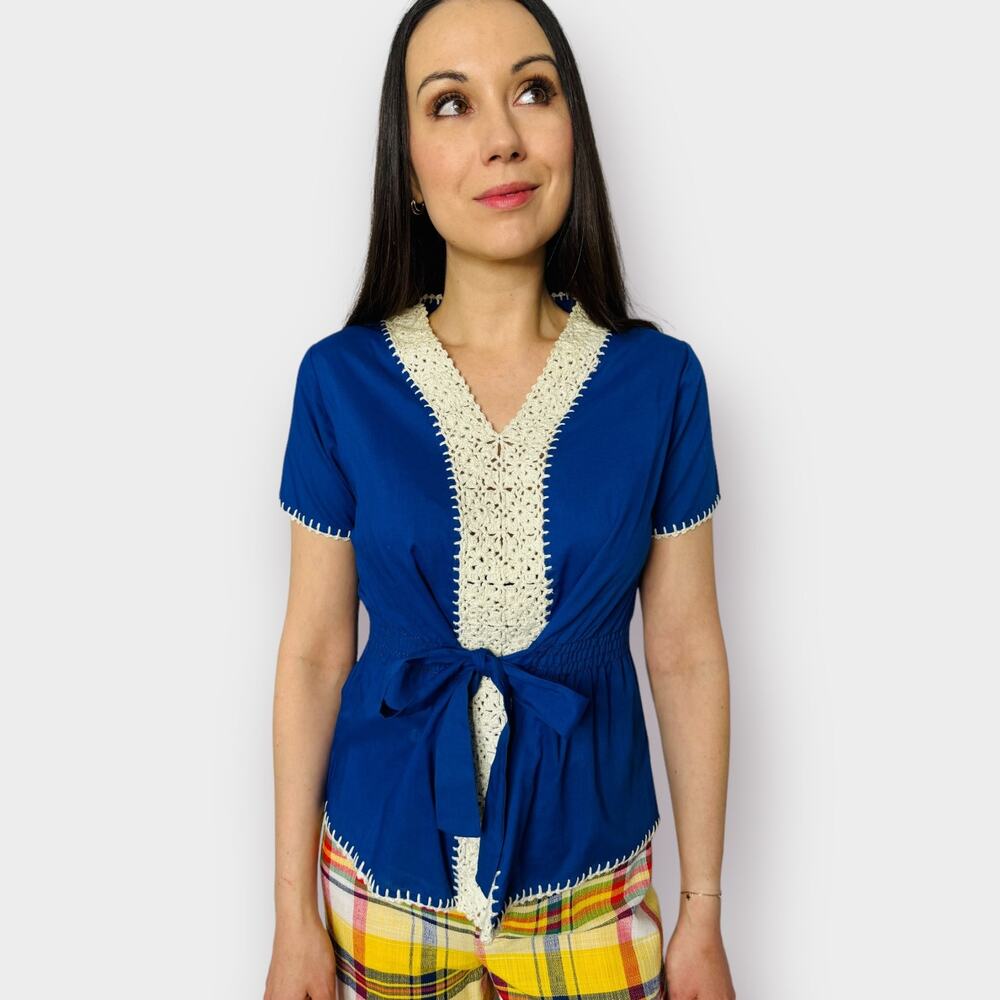 70s Blue Top with‎ Crochet Trim
